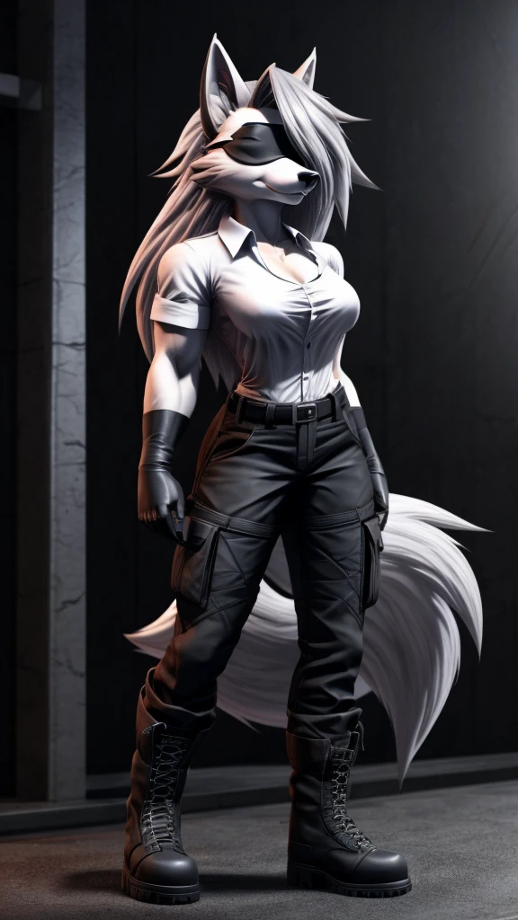 Loona from Helluva Boss, female wolf, anthro, mature adult, white soft hair, blindfold, tall, muscular, white shirt, black cargo pants, black boots, white tactical gloves, solo, beautiful, high quality, 4K