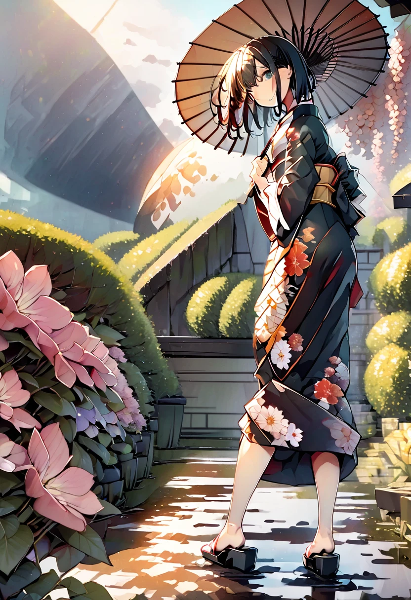 (One japanese woman:1.5), (Adult japanese women:1.5), (slender body:1.3), Black Hair, Black eye, Super short hair, Wearing a floral pattern japanese yukata, Holding a Japanese umbrella, wearing red japanese sandals, Backshot, Look back at the camera, Hydrangea below half of the foreground, Sky after rain, A few puddle on the ground