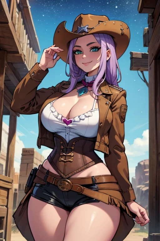 Perfect face. Perfect hands. A light purple haired cowgirl with green eyes and an hourglass figure in a conservative cowgirl outfit is watching the stars in a wild west town with a big smile
