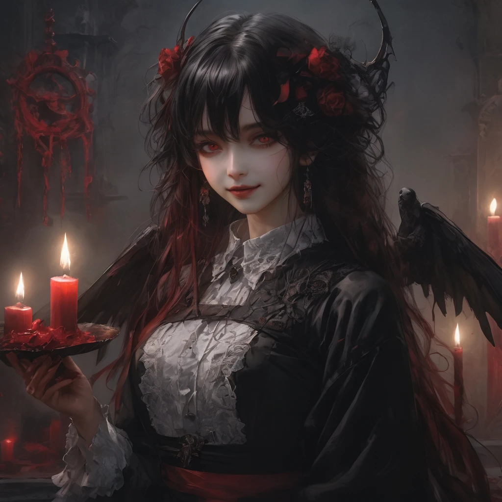 (Highest quality,4K,High resolution,masterpiece:1.2),Very detailed,Realistic:1.37,masterpiece, Highest quality, Exquisitely crafted, woman, beautiful, elegant, smile, Blood, iridescent Long Hair, bangs, skirt, shirt, Long sleeve, Frills, shoes, (Red and Black:1.4), flower, Spooky, Horror, 頭蓋Bones, Long Hair, Black Hair, Candles, Blood, hair flower, The dead, hair ornaments, Bone, doll, 頭蓋Bone, skeleton, Horror (theme),Spooky altar background,Dark fantasy,Red color scheme,Ominous atmosphere,Eye-catching,Storytelling,anatomy,Anime Style,Concept Art,beautiful細部までこだわった顔と (((Red eyes ))),Terrifying Ritual ,Satanic Ritual,Untimely Death,Unjust act,クレイジーなsmile,Scythe Face,Girl Monster, beautiful, Delicate facial features, Sharp Eye, Sharp Fangs, Pale skin, Blonde,robot,Cursed Painting, Dark Background, Cinema Lighting, Dramatic Shadows, Gothic style, Gloomy atmosphere, Dark fantasy, One Girl, , Please open your mouth wide, Open your mouth and baring your teeth,Sharp teeth like a beast, Wide lips, very wide mouth, Vermilion cheeks, ,(Bloodしぶき:1.4),Scary smile, laugh at,Fallen angel design, ねじれたsmile、Bloodまみれの、頭からの出Blood,、Bloodしぶき、,(Bloodしぶき:1.4),Crossbones, 頭蓋Bone,Horrorスタイル, ((Fantasy Fallen Angel Costume)), ((流れるようなBlack Hair)), ,(Bloodしぶき:1.4),womanの曲線, Sexy flat stomach, Perfect hands, Perfect anime face, ((White Lolita Dress)), Are standing, ((邪悪なsmile)), ,(Bloodしぶき:1.4), Steam circulates, Moonlight Illumination, night lighting, disaster々new devil horns,,(Bloodしぶき:1.6),アニメFallen angel design, ねじれたsmile、Bloodまみれの、頭からの出Blood,、Bloodしぶき、,(Bloodしぶき:1.4),Crossbones, 頭蓋Bone,Gothic architecture、Western architecture、Fantasy World、,Victorian cities, 骸Boneのガス灯,