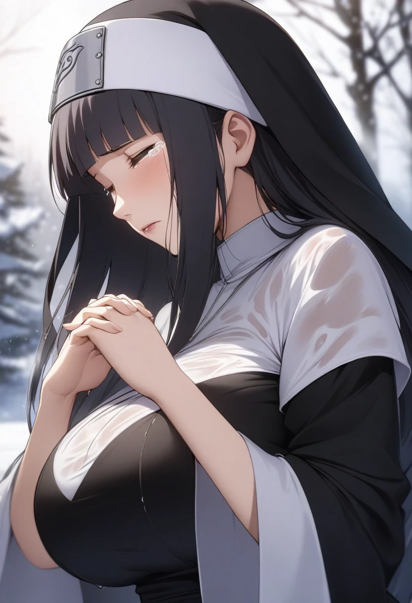 masterpiece, best quality, very aesthetic, absurdres, 1girl, mature_lady,nun_clothes,black_and_white_clothes, nun_headcovering crucifix, praying, interlocked fingers,closed_eyes,tears_in_eyes, head down,holy_light ,bathed in divine light,,hyuuga_hinata, naruto_(series), naruto_shippuuden, 1girl, white_eyes, no_pupils, black_hair, blunt_bangs, byakugan, hime_cut, large_breasts, long_hair,,snow land,blur background,background defocus,wet_clothes