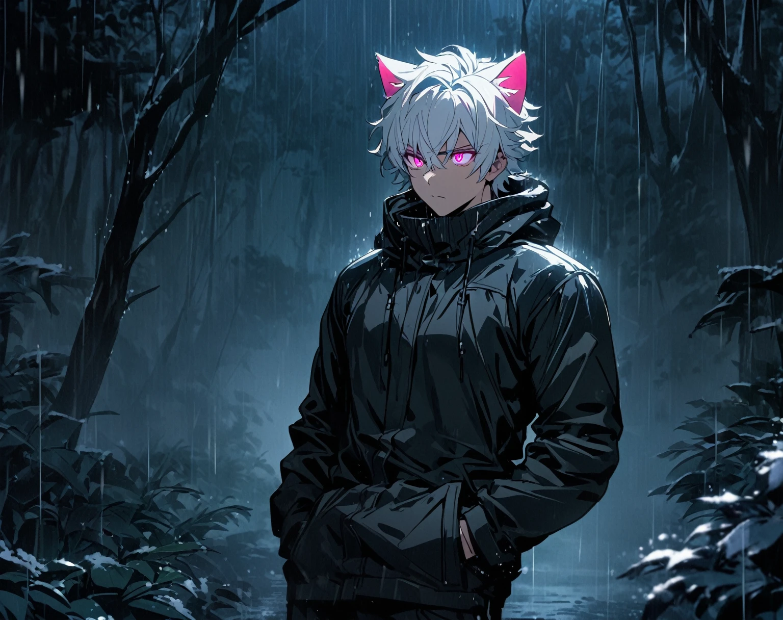 1 men, short white hair, pink eyes, Kitten ears, Wearing a black casual outfit, wearing gloves, slightly muscular body, at night, raining, front view, in a freezing forest, Hand in pockets, 4K, bright coloured, tall quality, close up no rosto, glare eyes