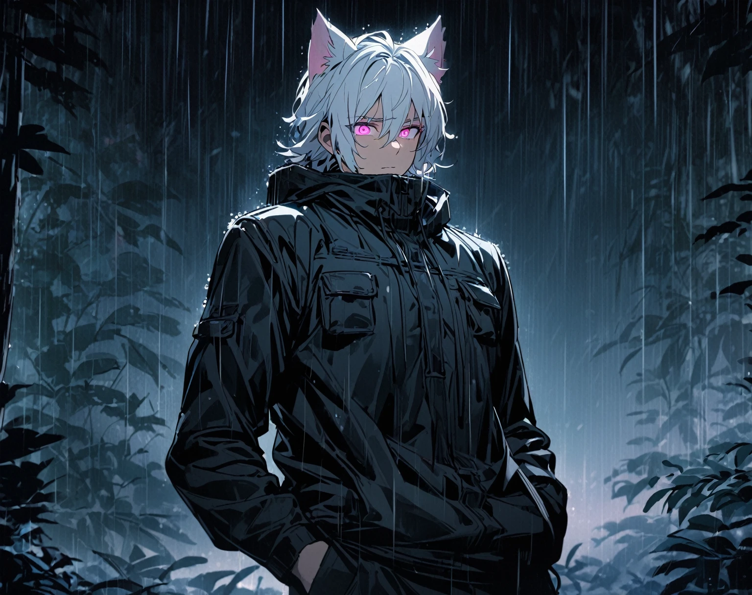 1 men, short white hair, pink eyes, Kitten ears, Wearing a black casual outfit, wearing gloves, slightly muscular body, at night, raining, front view, in a freezing forest, Hand in pockets, 4K, bright coloured, tall quality, close up no rosto, glare eyes