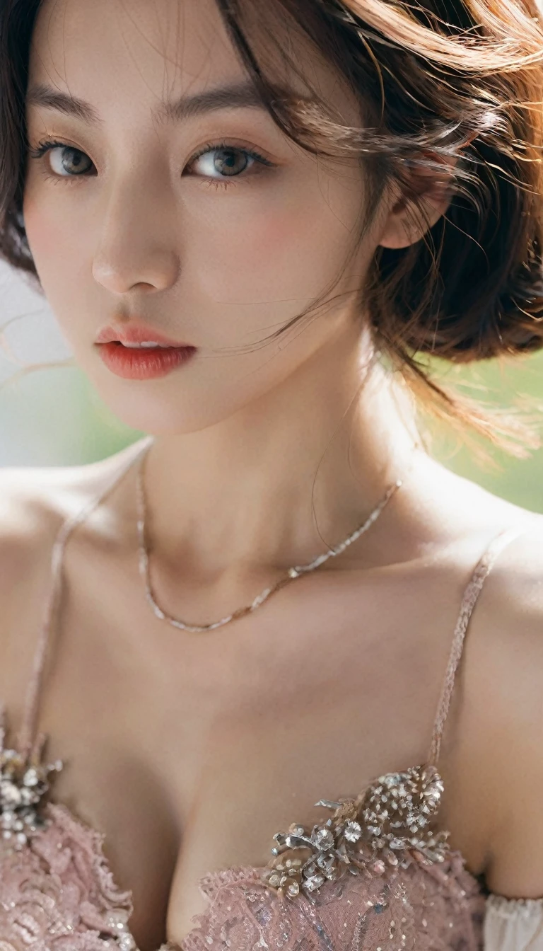 Immerse yourself in the world of game art with this visually diverse and creative half-length photo of a 20-year-old girl, featuring a close-up of her detailed eyes and large breasts.