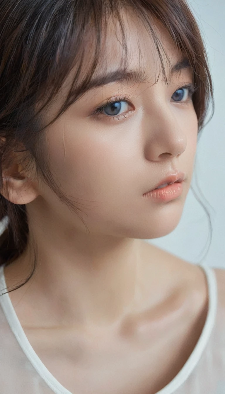 Immerse yourself in the world of game art with this visually diverse and creative half-length photo of a 20-year-old girl, featuring a close-up of her detailed eyes and large breasts.