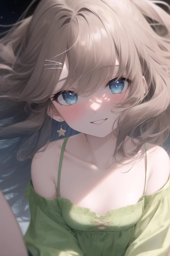 (masterpiece, best quality), hyperdetailed, absurdres, clean lines, one girl,15 years old, blush, medium_hair, (brown_hair:1.3), thin hair clip, blue colorshift eyes, expressive eyes, collarbone, smile, night, stars, green dress,
