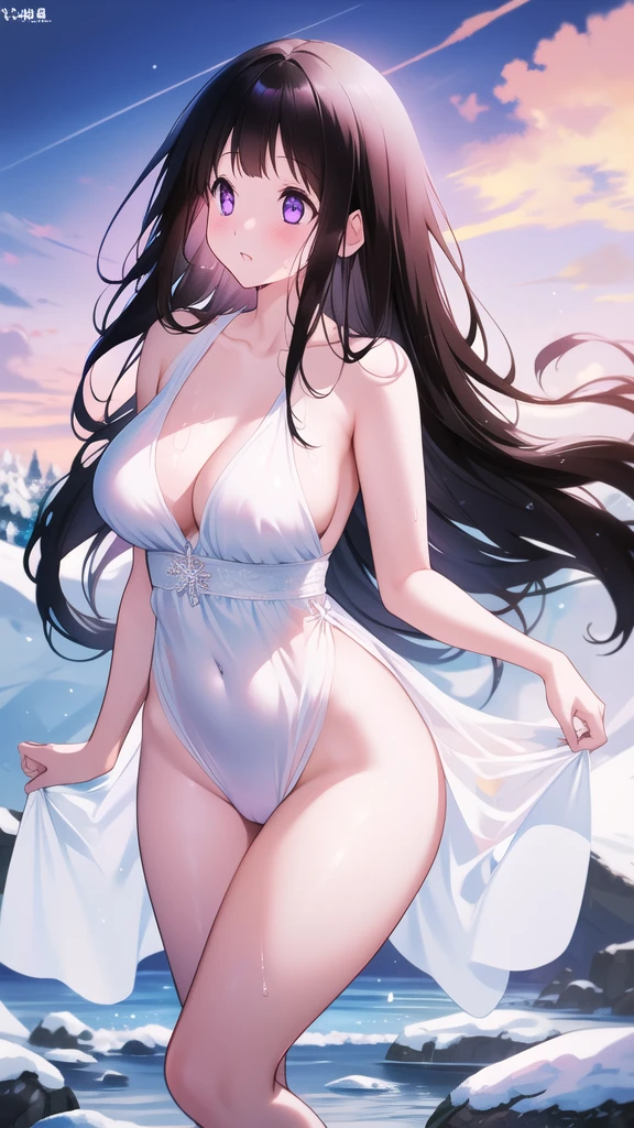 Chitanda,只有一个beautiful girl,Purple Eyes, Black Hair, Natural straight hair, Straight bangs,Extremely refined,open your lips,Face is so red,Very white skin,Skin as delicate as porcelain,Glowing skin,big eyes,Flowing long hair,beautiful girl, Like a dream,Slim,Slim waist,Soft, (Sensual), (Kawaii), Dream quality,Sweaty and sweaty,Wet skin,Side breasts,snowflake,Playing in the snow on the snow mountain,Looking up,Looking up,Thighs clamp hands,It's covered in water,Hands reach into your pants,White transparent dress,Profile,(Completely naked),Gluteal groove,The outline of the breasts is visible through clothing,Completely naked的背部,nacked hip,very close,Deep V neckline,Loose neckline,Beautiful big breasts,No pants,nopan,no pants,Bare shoulders,There are no shoulder straps,Exposed collarbone,Delicate clavicle,Delicate hands and feet,Bare neck,There are no clothes around the neck,Bare thighs,Exposed groin,Camel toe,extremely shy,Ultra-high resolution, (masterpiece:1.2, best quality), (Delicate and beautiful eyes: 1.2), (Beautiful and delicate face)
