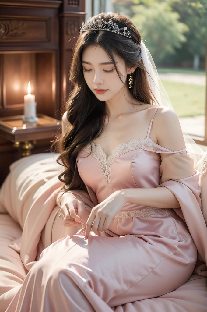 (((best quality))),(((ultra detailed))),(((masterpiece))),illustration,1girl, long hair, wedding gown, massage therapist, pink-themed room, dimly lit, massage bed, toolsbox, essential oils, romantic ambiance, serene beauty, radiant figure, intricate lace, delicate tiara, anticipation, kindness, compassion, elegant posture, fresh sheets, inviting atmosphere, soothing scent, fair complexion, vibrant hues, petite frame, tulle and satin gown, layers, sleek appearance, inviting smile, skilled hands, magic touch, client, summer season, natural world, tranquil environment, relaxation, rejuvenation, cherished memory