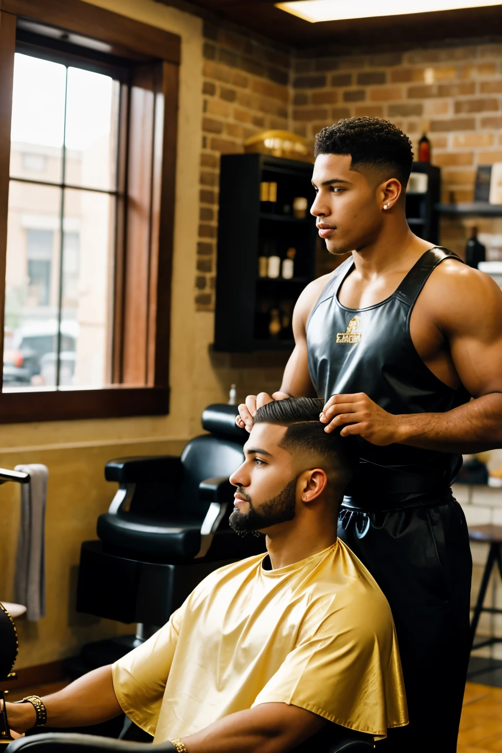 In the foreground two gladiators in their armor cutting their hair in a barbershop in the background the golden barbershop with its golden seats and golden salon very good quality image 