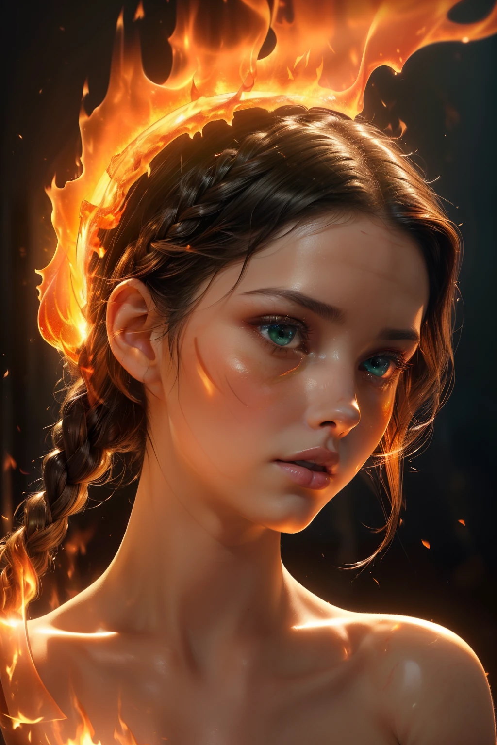 (((the red energy human body, front facing, full body, 1girl, 18 year old, caucasian, green eyes, perfect eyes, perfect iris, perfect pupils, perfect lips,perfect nose, perfect hands, very detailed hands, perfect fingers, black hair, short hair, straight hair, small braid in her hair, nature, subsurface scattering, transparent, translucent skin, glow, bloom,3d style, warm color, vibrant, volumetric light, inside fire, fire and flames all around,)))