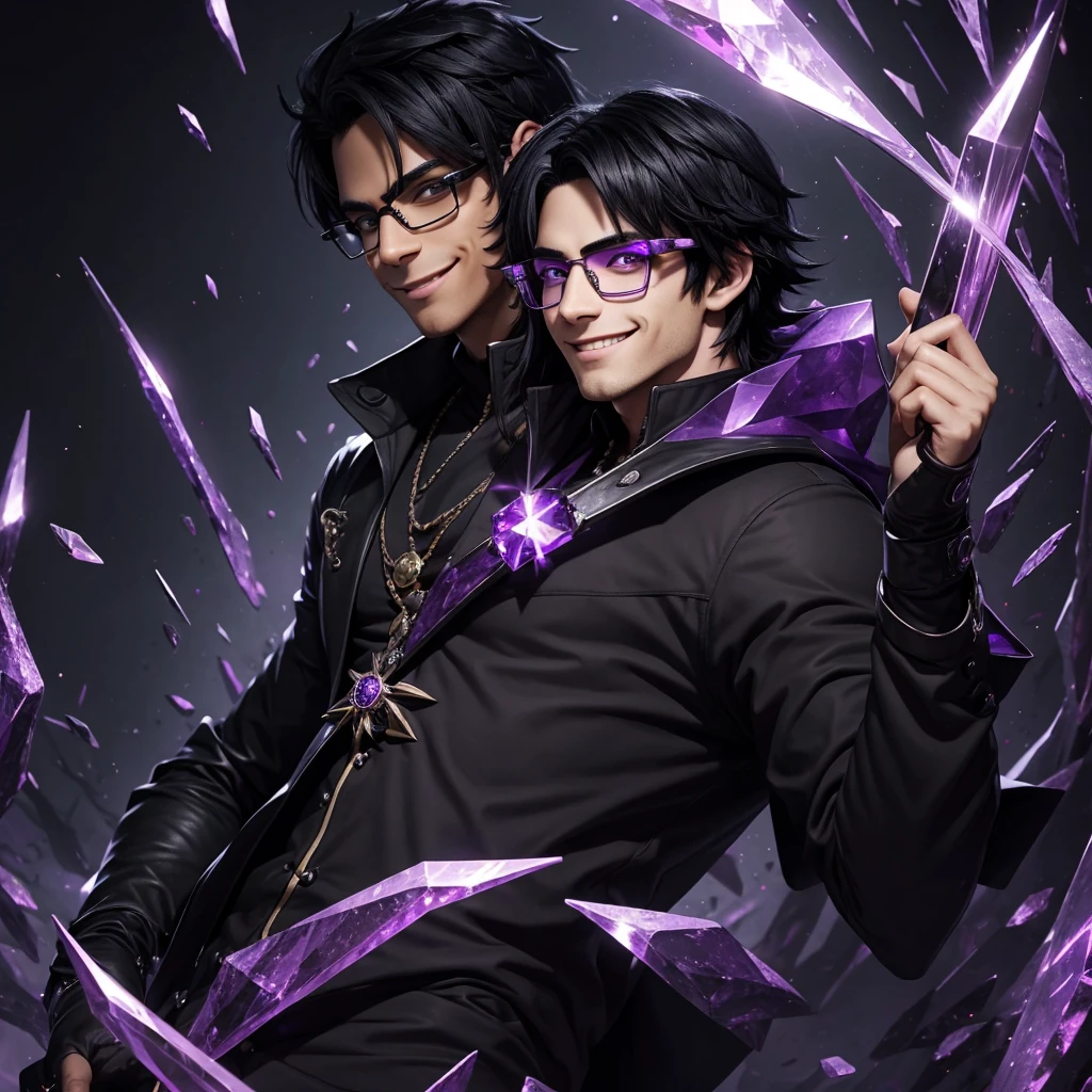 an anime ( Bblack hair, Black glasses, black leagwear, purples eyes, Grinning ), holding a purple crystal, dark forestdetailed
