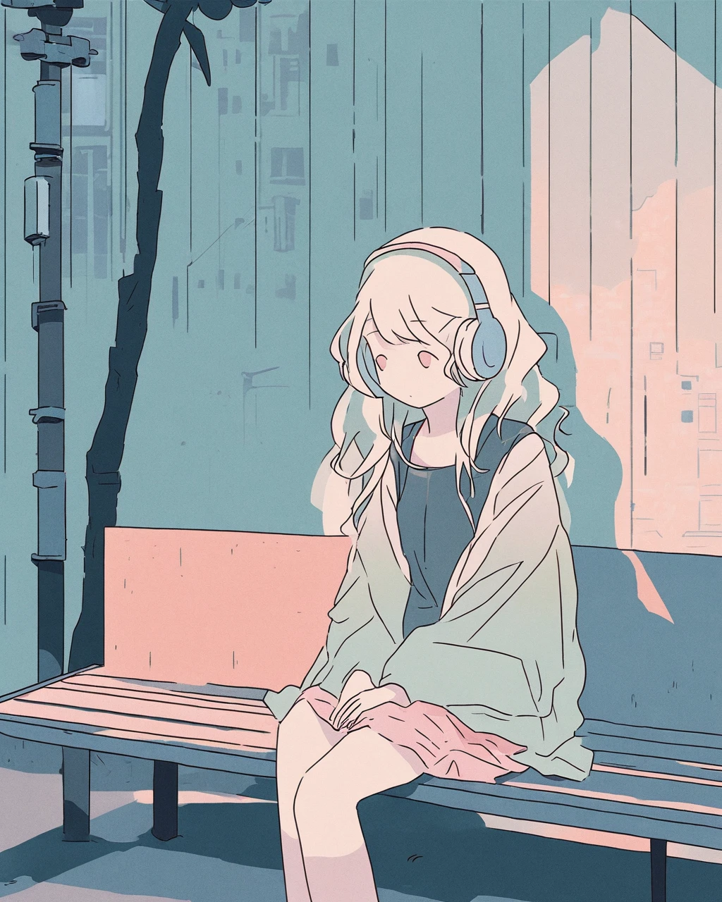 An anime-style illustration of a girl sitting on a bench in an urban setting. She has long, wavy light hair and wears headphones. She is dressed in a casual outfit with a loose-fitting coat over a dark shirt or dress. The background features a street with buildings and utility poles, drawn with clean, minimalistic lines and pastel colors. The overall color scheme is soft and light, giving the image a serene and relaxed atmosphere."