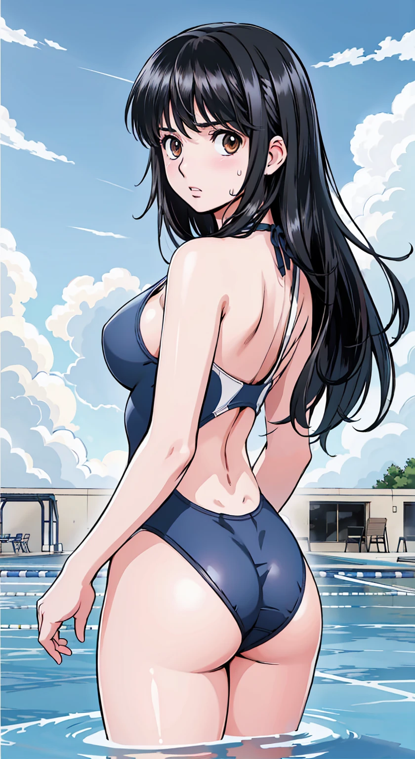 Black Hair、(Semi-long hair、Black Hair)、Navy blue competitive swimwear、(Highest quality:1.3)、One girl、(((Semi-long hair、Black Hair)))、Cowboy Shot、At the school pool、Naked butt、Big Ass、Sweat、masterpiece, Highest quality, High resolution, 超High resolution, RTTX 10.0, Pixel perfect, Written boundary depth, 4K, Very detailed、Embarrassed expression、Browsing Caution、Open navy blue swimsuit、