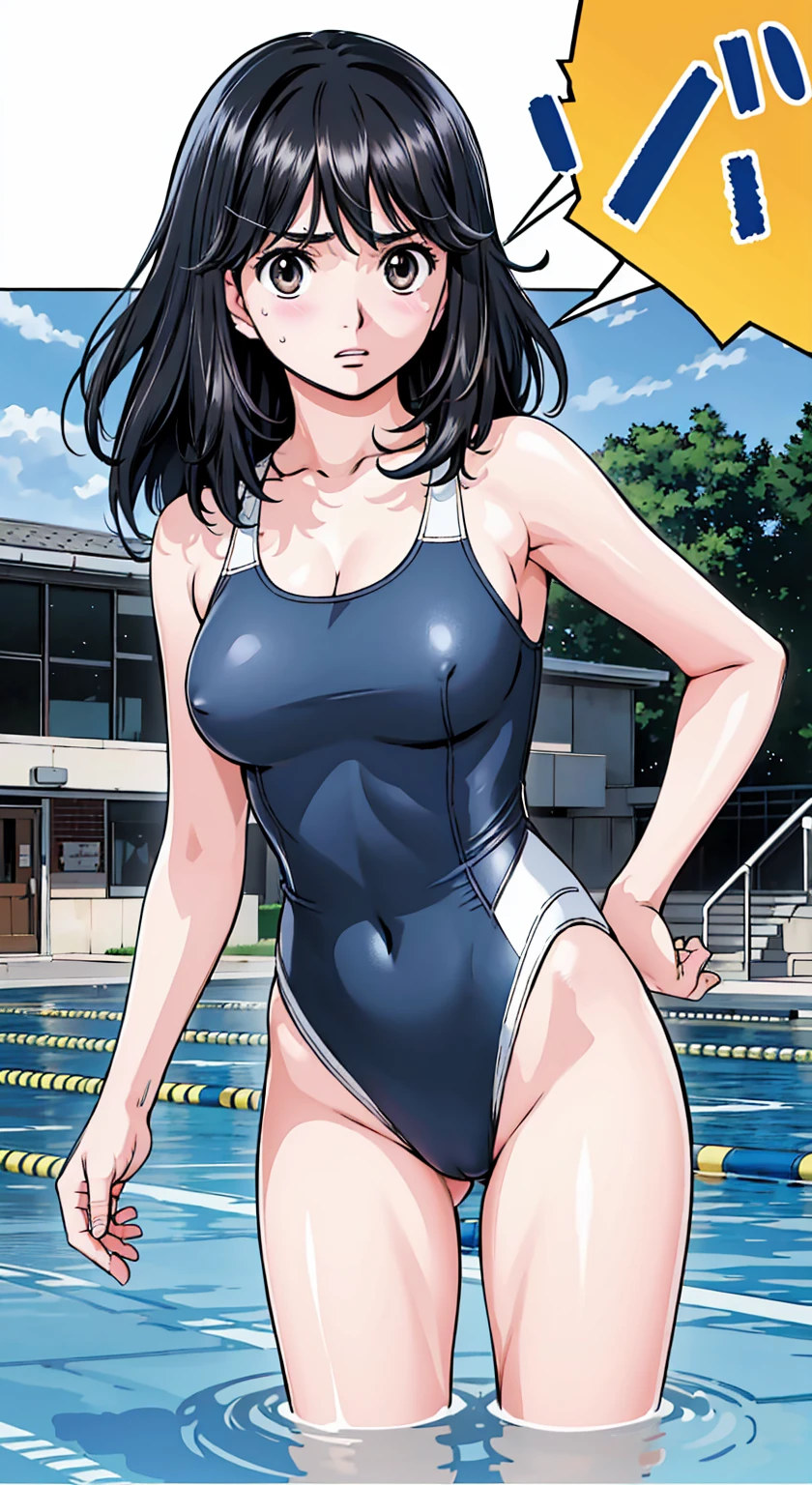 Black Hair、(Semi-long hair、Black Hair)、Navy blue competitive swimwear、(Highest quality:1.3)、One girl、(((Semi-long hair、Black Hair)))、Cowboy Shot、At the school pool、Naked butt、Big Ass、Sweat、masterpiece, Highest quality, High resolution, 超High resolution, RTTX 10.0, Pixel perfect, Written boundary depth, 4K, Very detailed、Embarrassed expression、Browsing Caution、Open navy blue swimsuit、