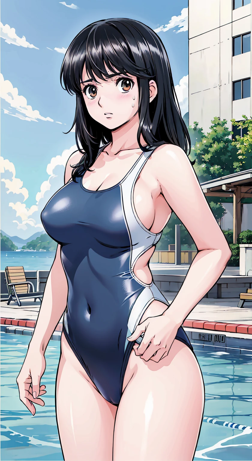 Black Hair、(Semi-long hair、Black Hair)、Navy blue competitive swimwear、(Highest quality:1.3)、One girl、(((Semi-long hair、Black Hair)))、Cowboy Shot、At the school pool、Naked butt、Big Ass、Sweat、masterpiece, Highest quality, High resolution, 超High resolution, RTTX 10.0, Pixel perfect, Written boundary depth, 4K, Very detailed、Embarrassed expression、Browsing Caution、Open navy blue swimsuit、