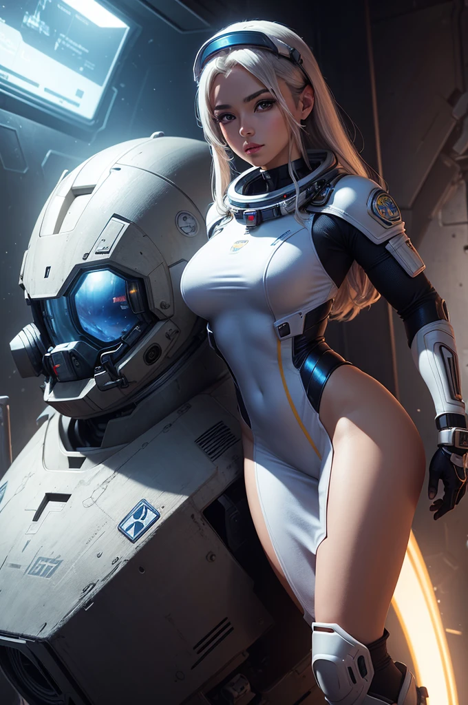 A beautiful and young android clone of the goddess Athena transformed into a very sensual and well-muscled astronaut wearing cyberpunk clothes, exploring a mysterious and desolate planet in a sci-fi setting