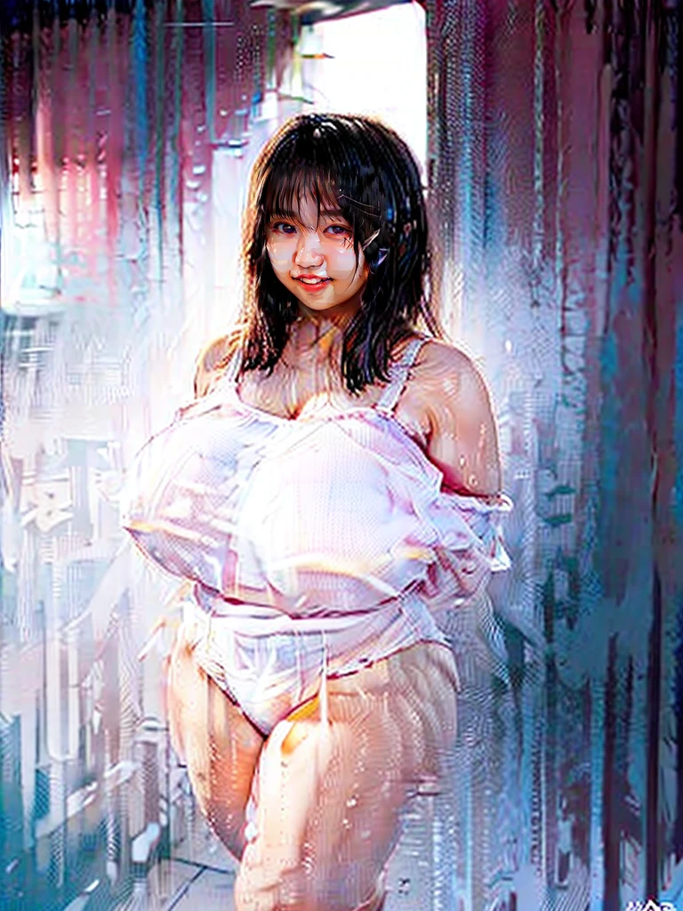 The scene is in a dark bar、Western dress、Her pink nipples are visible through her white underwear, which is so transparent that you can see her bare skin.､Black pubic hair visible through white panties、Chubby、Obese、Big Breasts、Front full body style、short hair、Big Ass、The woman is facing forward with her legs open to the left and right.、