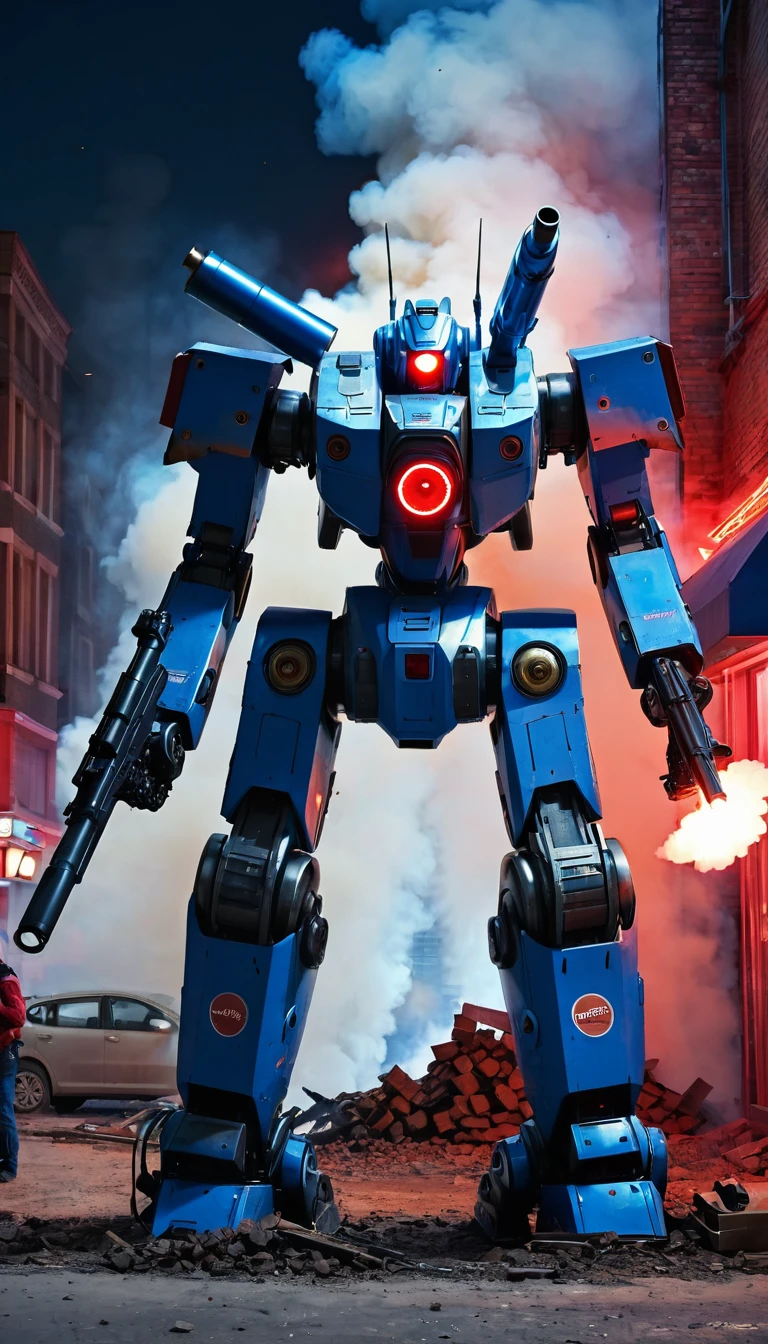 ultra realistic, uktra detail,mech bot, coffee, red light, mechanical bot, blue, collapse building, shoot, gun, smoke, flare, night view
