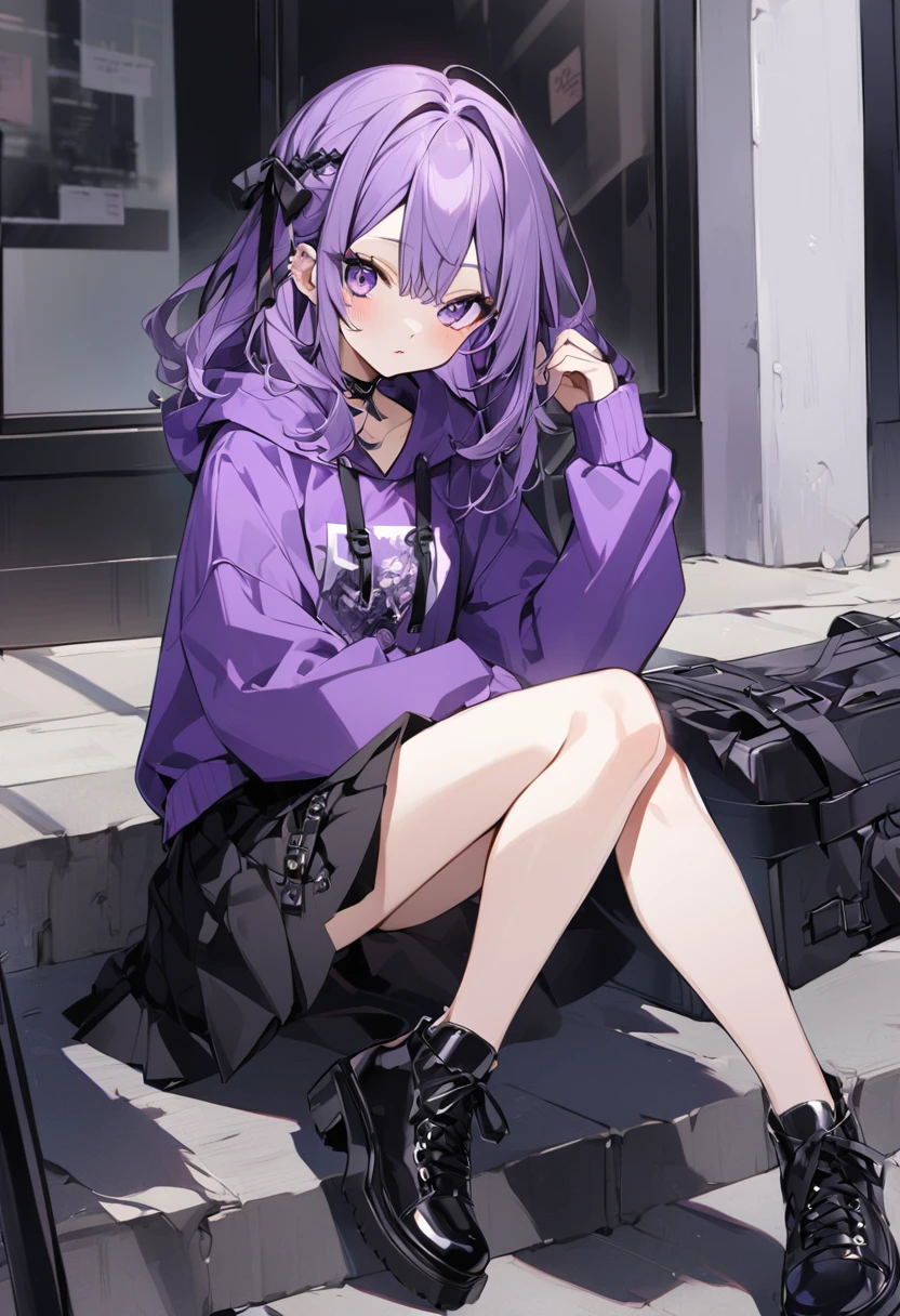 Kate。Purple Eyes。Purple Hair。Purple hoodie。Black Skirt。Black shoes下。Black shoes。Black Ribbon