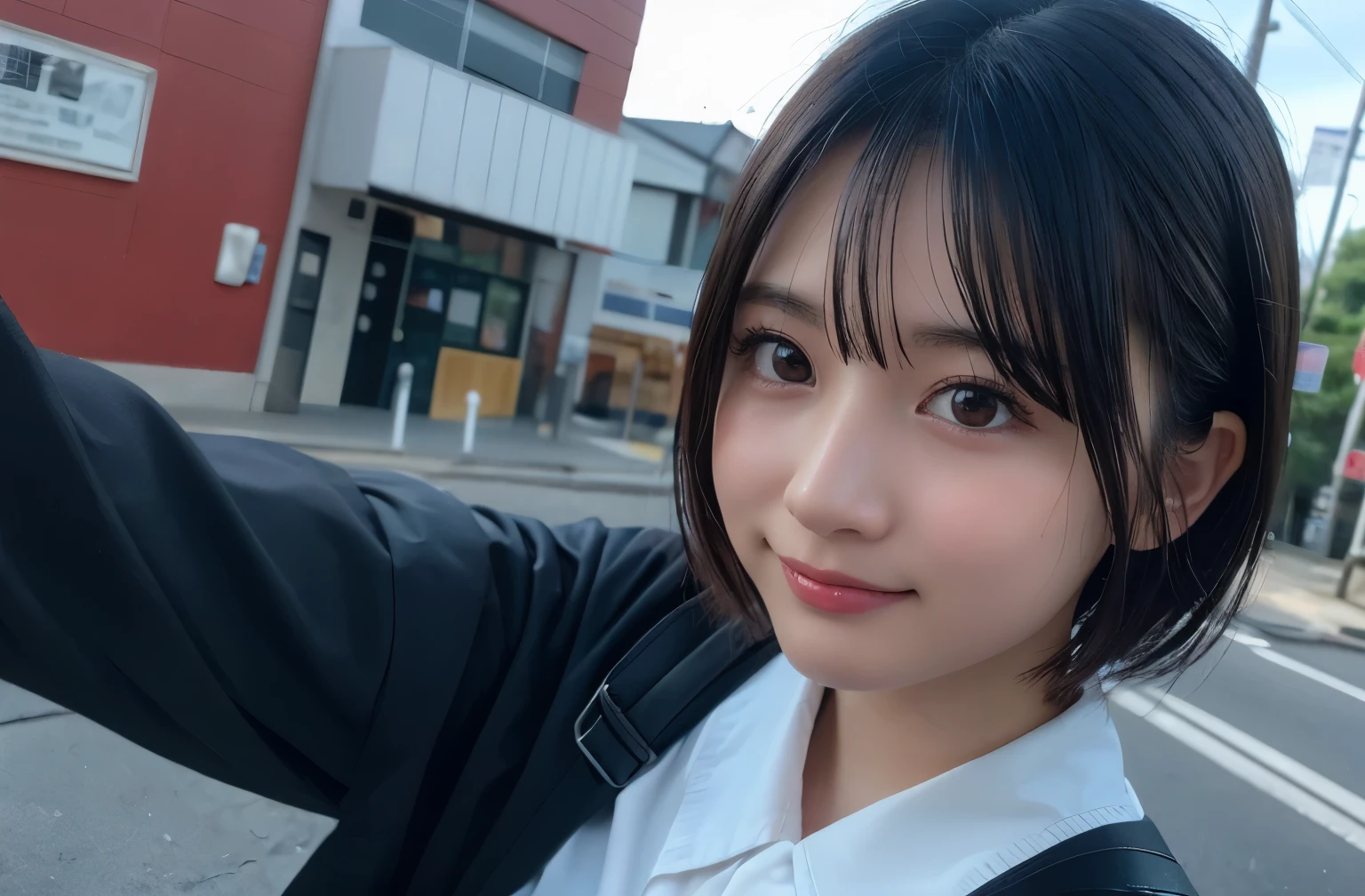 , Long winded [Blue-black:.3] hair,View your viewers, (masterpiece:1.3), (8k, Realistic, RAW Photos, Highest quality: 1.4), Japanese, (One girl), Beautiful Face, (Realistic Face), (black hair, short hair:1.3), beautiful hairstyle, Realistic eyes, Beautiful attention to detail, (Realistic Skin), Beautiful Skin, Charm, Ultra-high resolution, Ultra-realistic, Street Snap、黒hair, Bangs, Medium Hair, Selfie、smile