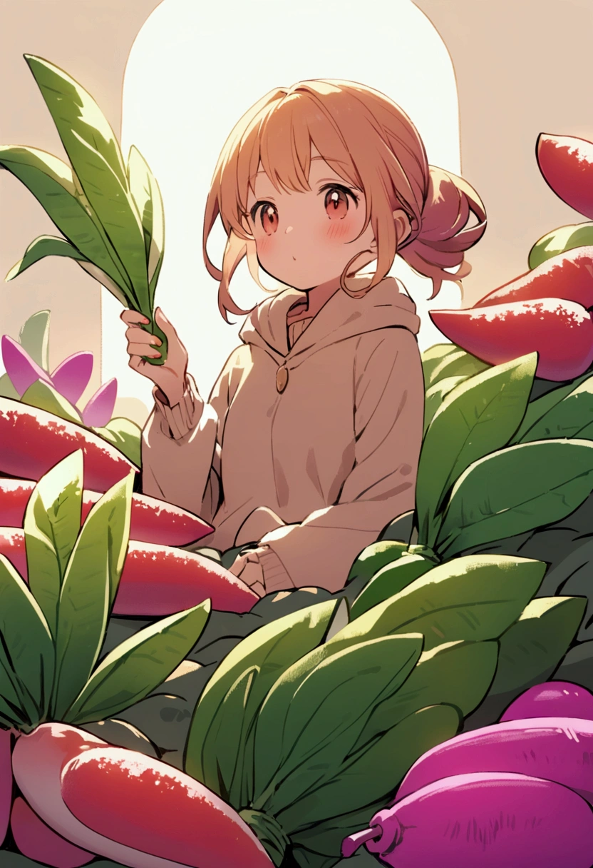 a  fairy flying over a pile of Radishes , holding one Radish on her hand