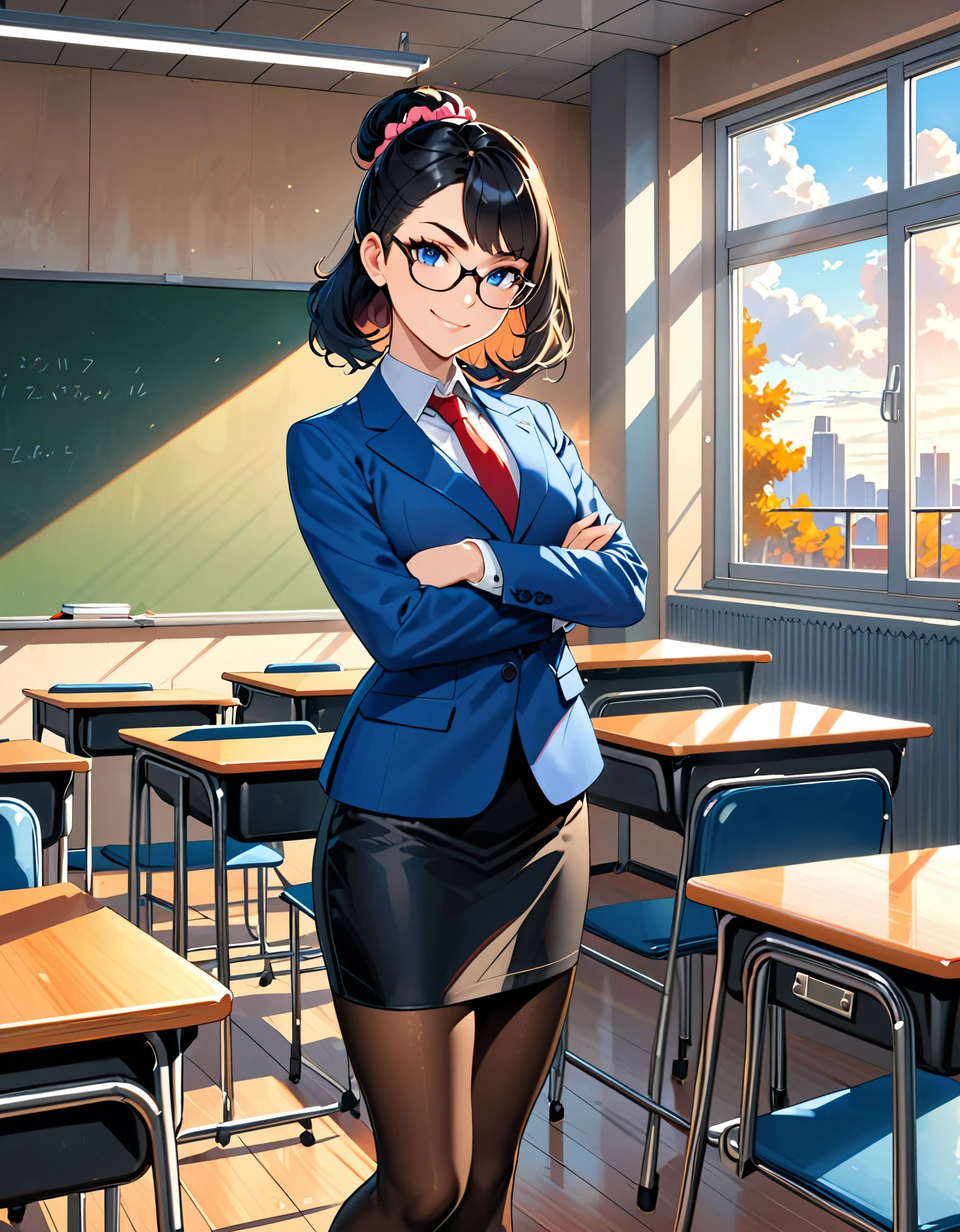 anime girl in a blue suit standing on an empty classroom, extremely detailed artgerm, style artgerm, style ivan talavera and artgerm, krenz cushart and artgerm, range murata and artgerm, artgerm style, in the style artgerm, ig model | artgerm, artgerm detailed, black hair, long hair, medium hair, blue eyes, solo, solo focus, hair bun, glasses teacher, pencil skirt, full black pantyhose, matching shoes, professional, smile, scrunchie, looking at viewer, crossed arms, warm lighting.