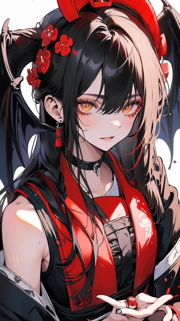 (Top resolution、Distinct_image)top-quality、A Japanese dragon girl 、masterpiece、highly detailed, half body, Semi-realistic、yellow eyes 、18year old, black hair,young 、Exquisite facial features、Facial features ,variation potrait, long hairstyles, teenage, cool , cold sharp eyes, An expression of despair., lifeless eyes, blood on face, , {Very detailed 8k CG unit wallpaper}, Handsome, solo, female, vampires, dark cloak , loyalty ,Japanese kimono, have dragon horns,
Sword, detailed eyes, beautiful eyes