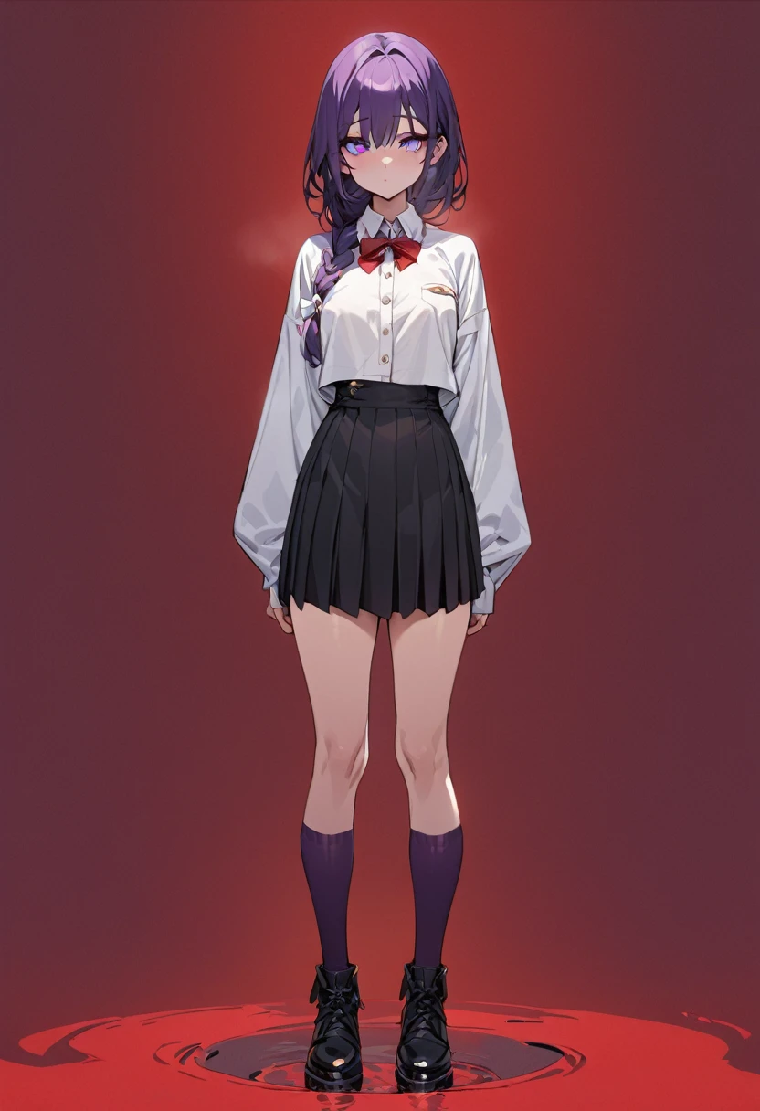 masterpiece, (bestquality), highlydetailed, cold, calm, gentle, expressionless, solo, (1 adult female), dark purple hair, very long single braid, bright purple eyes, (((detailed eyes))), (clear eyes), (white collared shirt with white furisode sleeves), thin red bow tie under the collar, (diamond-shaped pin on the front of the bow), (black high-waisted pleated skirt), dark purple high socks, black ankle boots, (simple earthy red background), ((empty background)), full body, standing