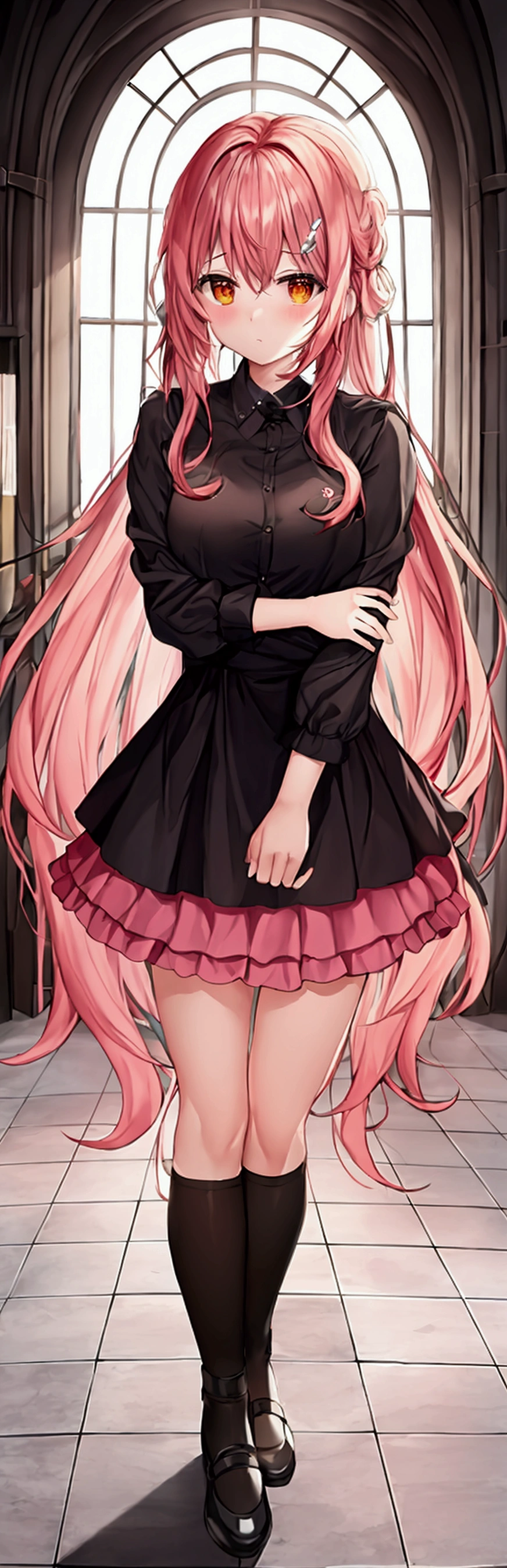 (work of art, best qualityer:1.2), 1 girl, standing alone,standing_to divide,
yuuki mikan, long hair,blackw无袖短背心,pink skirt,blackw