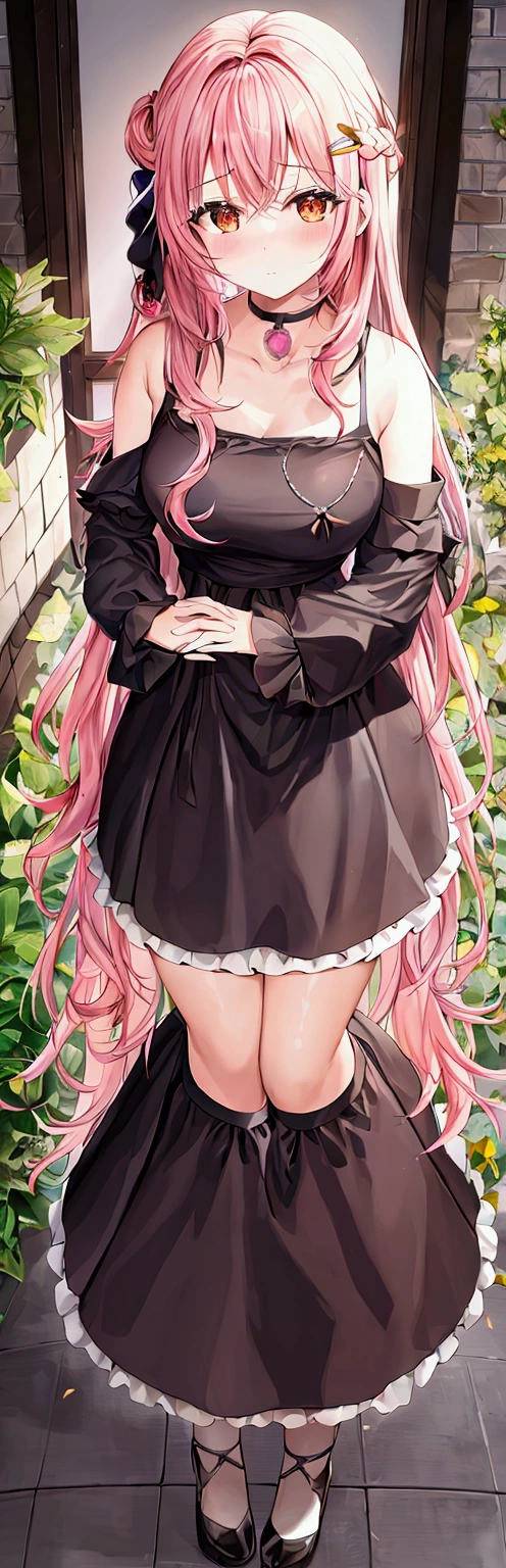 (work of art, best qualityer:1.2), 1 girl, standing alone,standing_to divide, 
yuuki mikan, long hair，blackw无袖短背心，pink skirt，blackw