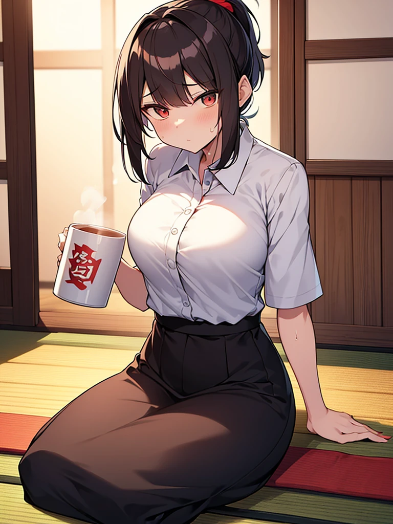 1. Tall woman, izakaya, on tatami mat, cushion, sitting upright, wooden table, izakaya food, sake bottle, mug, glass, gloomy expression, shadow on forehead, drunk, very red face, sweat, rolling eyes, drinking beer from a large mug, white collared shirt with short sleeves, black skirt, short black hair, ponytail:1.9. Red hair tie, straight hair, swept bangs to the side:1.9. Slanted eyes, brown eyes, tall, strong-willed, beautiful