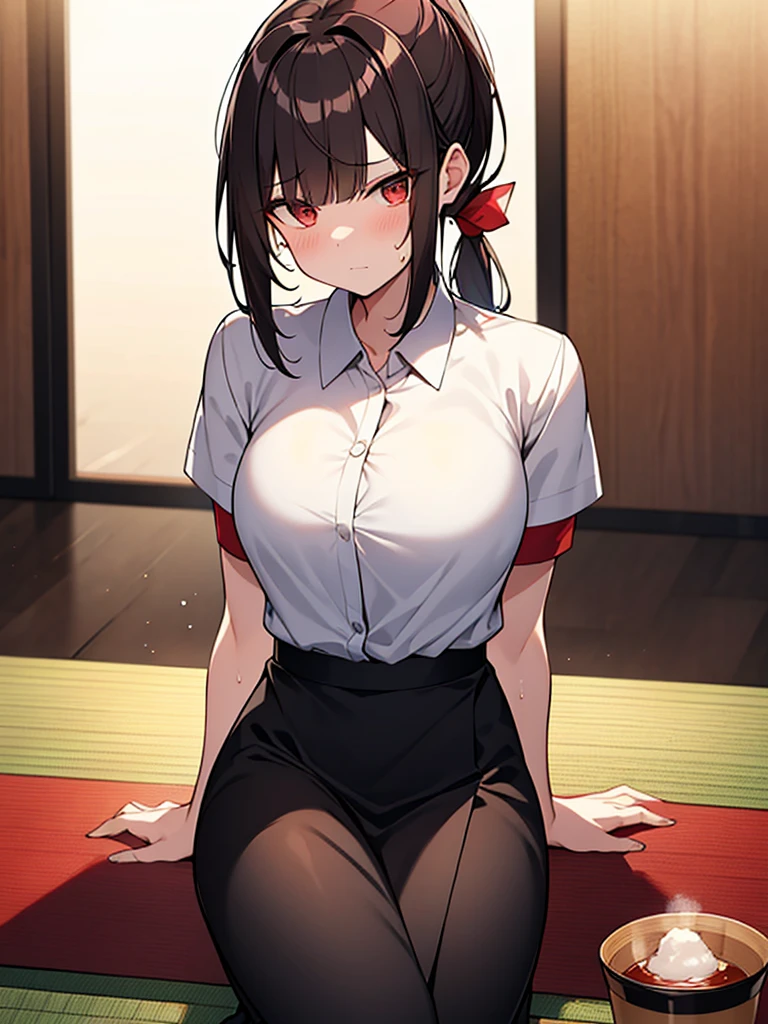 1. Tall woman, izakaya, on tatami mat, cushion, sitting upright, wooden table, izakaya food, sake bottle, mug, glass, gloomy expression, shadow on forehead, drunk, very red face, sweat, rolling eyes, drinking beer from a large mug, white collared shirt with short sleeves, black skirt, short black hair, ponytail:1.9. Red hair tie, straight hair, swept bangs to the side:1.9. Slanted eyes, brown eyes, tall, strong-willed, beautiful