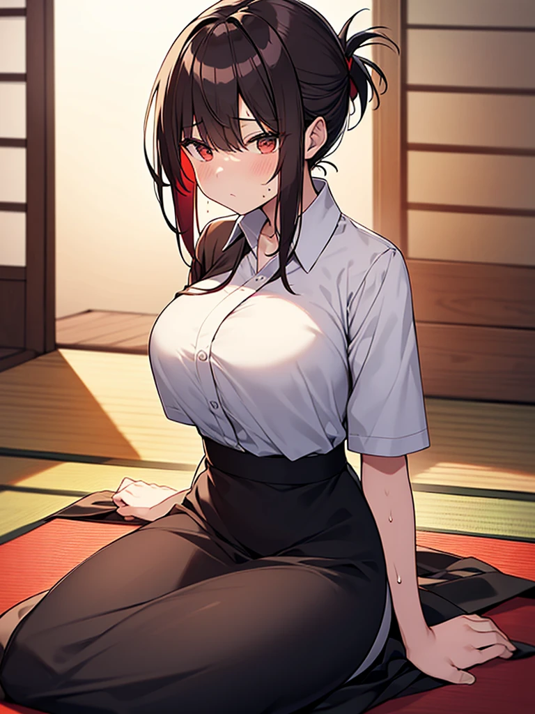 1. Tall woman, izakaya, on tatami mat, cushion, sitting upright, wooden table, izakaya food, sake bottle, mug, glass, gloomy expression, shadow on forehead, drunk, very red face, sweat, rolling eyes, drinking beer from a large mug, white collared shirt with short sleeves, black skirt, short black hair, ponytail:1.9. Red hair tie, straight hair, swept bangs to the side:1.9. Slanted eyes, brown eyes, tall, strong-willed, beautiful