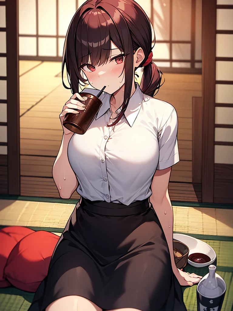 1. Tall woman, izakaya, on tatami mat, cushion, sitting upright, wooden table, izakaya food, sake bottle, mug, glass, gloomy expression, shadow on forehead, drunk, very red face, sweat, rolling eyes, drinking beer from a large mug, white collared shirt with short sleeves, black skirt, short black hair, ponytail:1.9. Red hair tie, straight hair, swept bangs to the side:1.9. Slanted eyes, brown eyes, tall, strong-willed, beautiful