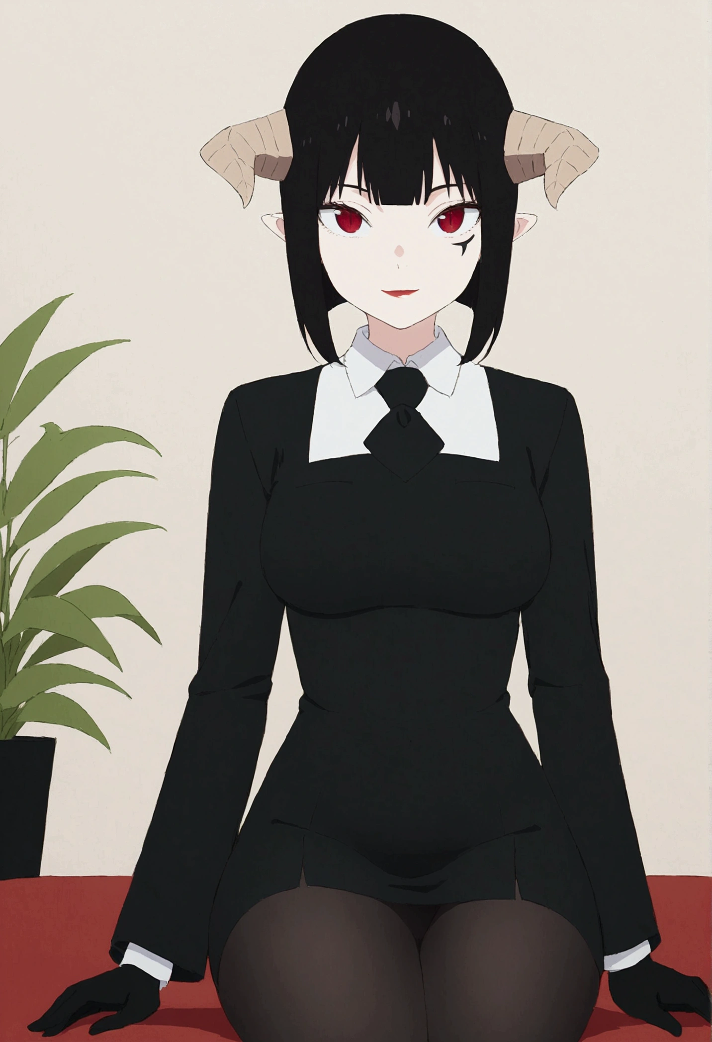 Eyes red,work of art, best qualityer, ultra detali, illustration, colorfully, flat colour, Depth of field, 1 girl, sitting down, Bblack hair, horns on head, Eyes red, , gazing at viewer, in the office, black business dress, pantyhose, black pantyhose, Detailed texture skin, detailed cloth texture, beautifull detailed face,green plant,drapery,hall,ssmile,black gloves,scarlet colored eyes