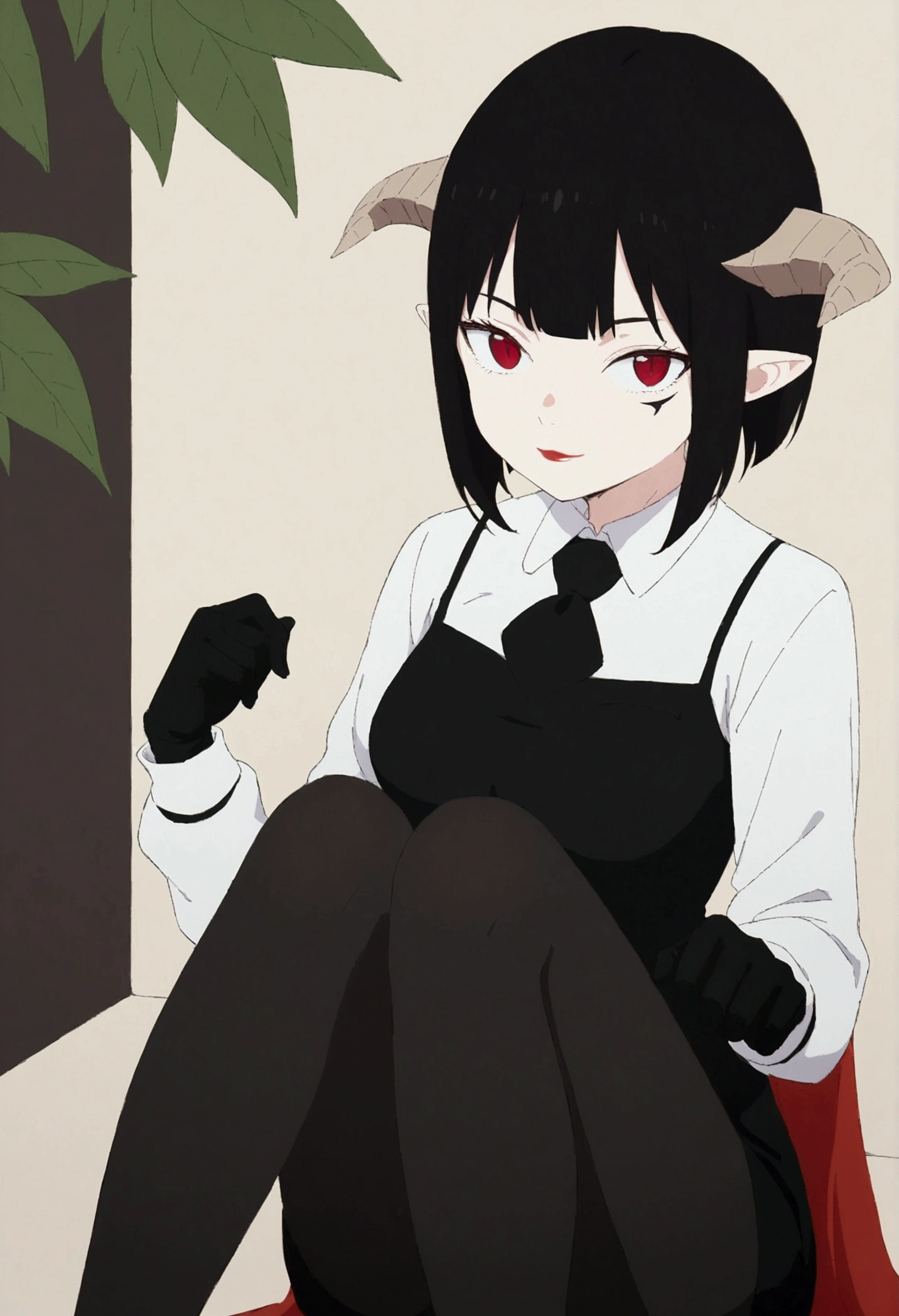 Eyes red,work of art, best qualityer, ultra detali, illustration, colorfully, flat colour, Depth of field, 1 girl, sitting down, Bblack hair, horns on head, Eyes red, , gazing at viewer, in the office, black business dress, pantyhose, black pantyhose, Detailed texture skin, detailed cloth texture, beautifull detailed face,green plant,drapery,hall,ssmile,black gloves,scarlet colored eyes
