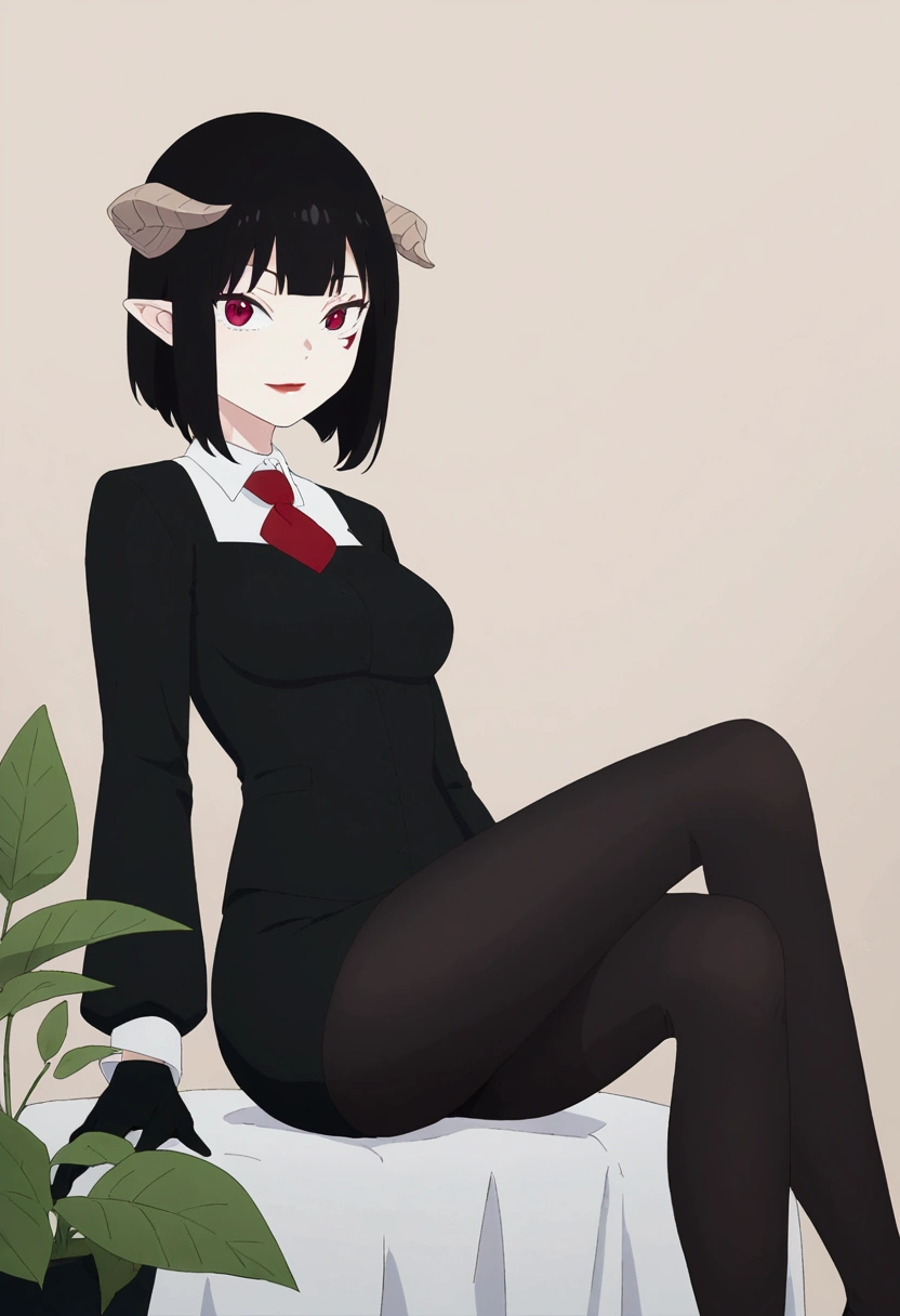 Eyes red,work of art, best qualityer, ultra detali, illustration, colorfully, flat colour, Depth of field, 1 girl, sitting down, Bblack hair, horns on head, Eyes red, , gazing at viewer, in the office, black business dress, pantyhose, black pantyhose, Detailed texture skin, detailed cloth texture, beautifull detailed face,green plant,drapery,hall,ssmile,black gloves,scarlet colored eyes
