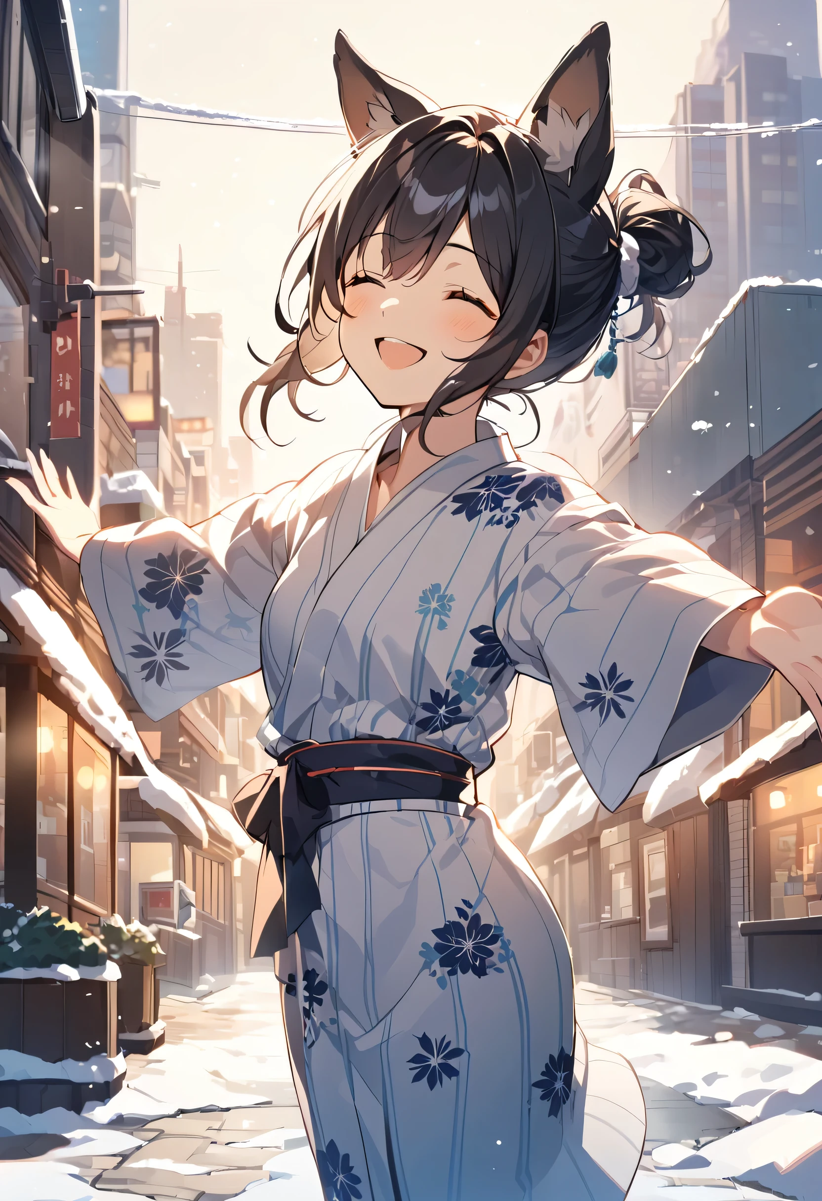 (morning), One Girl, alone, View your audience, winter, Cowboy Shot, (Downtown), Cowboy Shot, smile, Black Hair,yukata,Dog Ears,Open your arms,Eyes closed,Looking up,