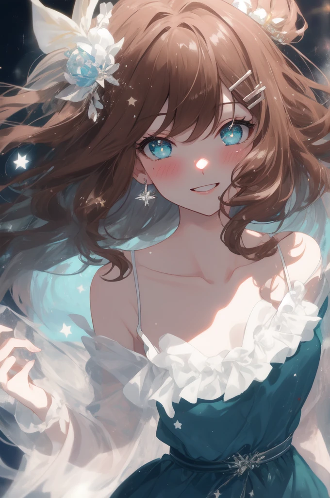 (masterpiece, best quality), hyperdetailed, absurdres, clean lines, one girl,15 years old, blush, medium_hair, (brown_hair:1.3), thin hair clip, blue colorshift eyes, expressive eyes, collarbone, smile, night, stars, green dress,