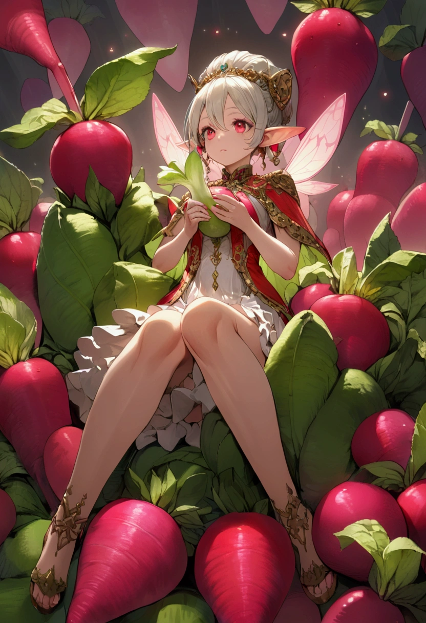 a fairy flying over a pile of red Radishes , holding one Radish on her hand