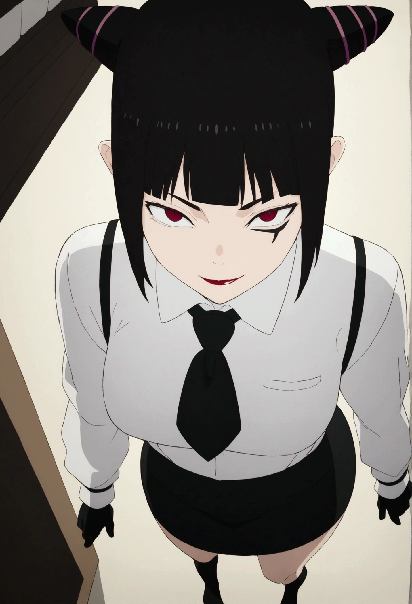 Juri Han, work of art, fitted white secretary shirt with black tie, very short black skirt, skirt short,sock, Bblack hair, socks pretas,Evil smile,tabletop,bangs on the eyes,Lighting,hair horn,from above view,staring overhead