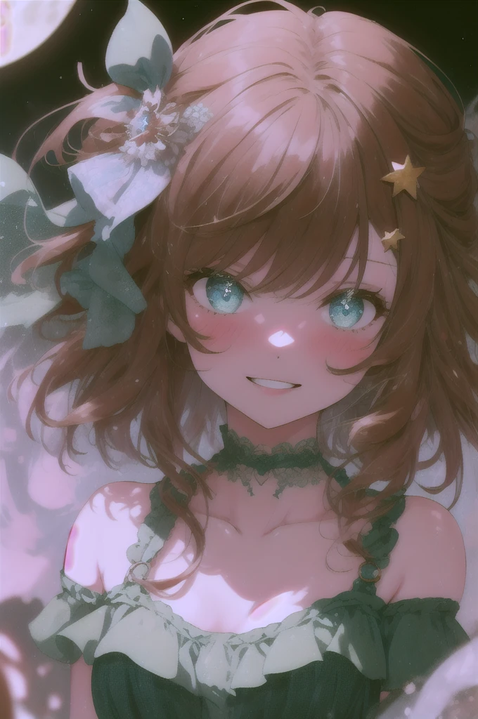 (masterpiece, best quality), hyperdetailed, absurdres, clean lines, one girl,15 years old, blush, medium_hair, (brown_hair:1.3), thin hair clip, blue colorshift eyes, expressive eyes, collarbone, smile, night, stars, green dress,