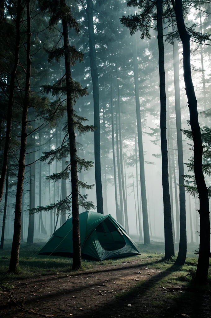 A hauntingly beautiful 16:9 panorama of a dense, shadowy forest at night, where towering trees stand like silent sentinels, their gnarled branches reaching out like skeletal fingers against the backdrop of a moonless sky. An untidy campsite lies in the distance, with small tents haphazardly pitched and a nearly extinguished fire casting flickering shadows. Scattered backpacks and utensils increase the feeling of abandonment. . A light mist hangs over the forest floor, adding an ethereal quality to the scene, while rays of dim light pierce the trees, casting eerie patterns on the ground. The color palette is dominated by dark, cool tones such as black, grey, dark blue and dark green, with contrast slightly increased to highlight key elements, creating a chilling atmosphere of suspense and foreboding.