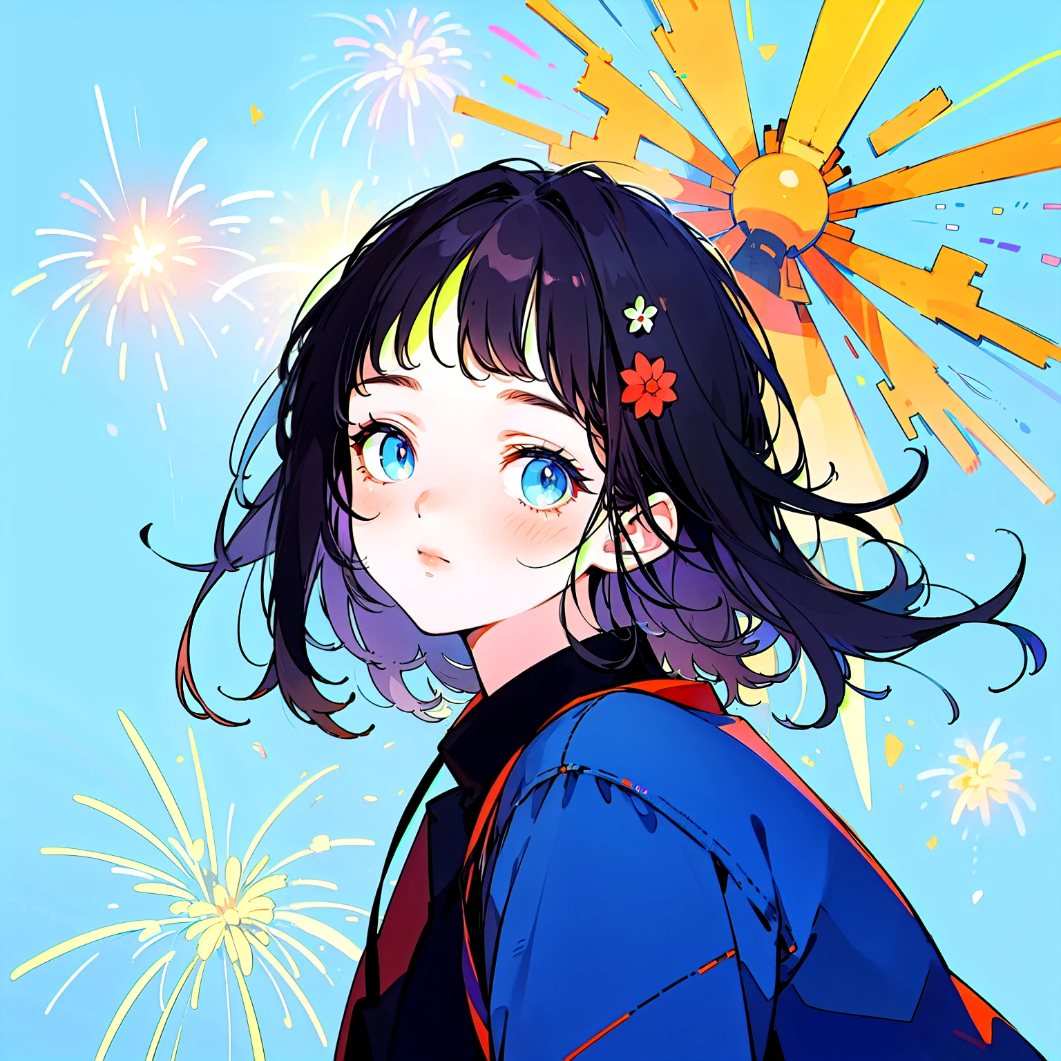 ((masterpiece, Highest quality, Super Definition, High resolution)), alone, beautiful girl, Shining Eyes, Perfect Eyes, , Blue Theme, yukata, firework