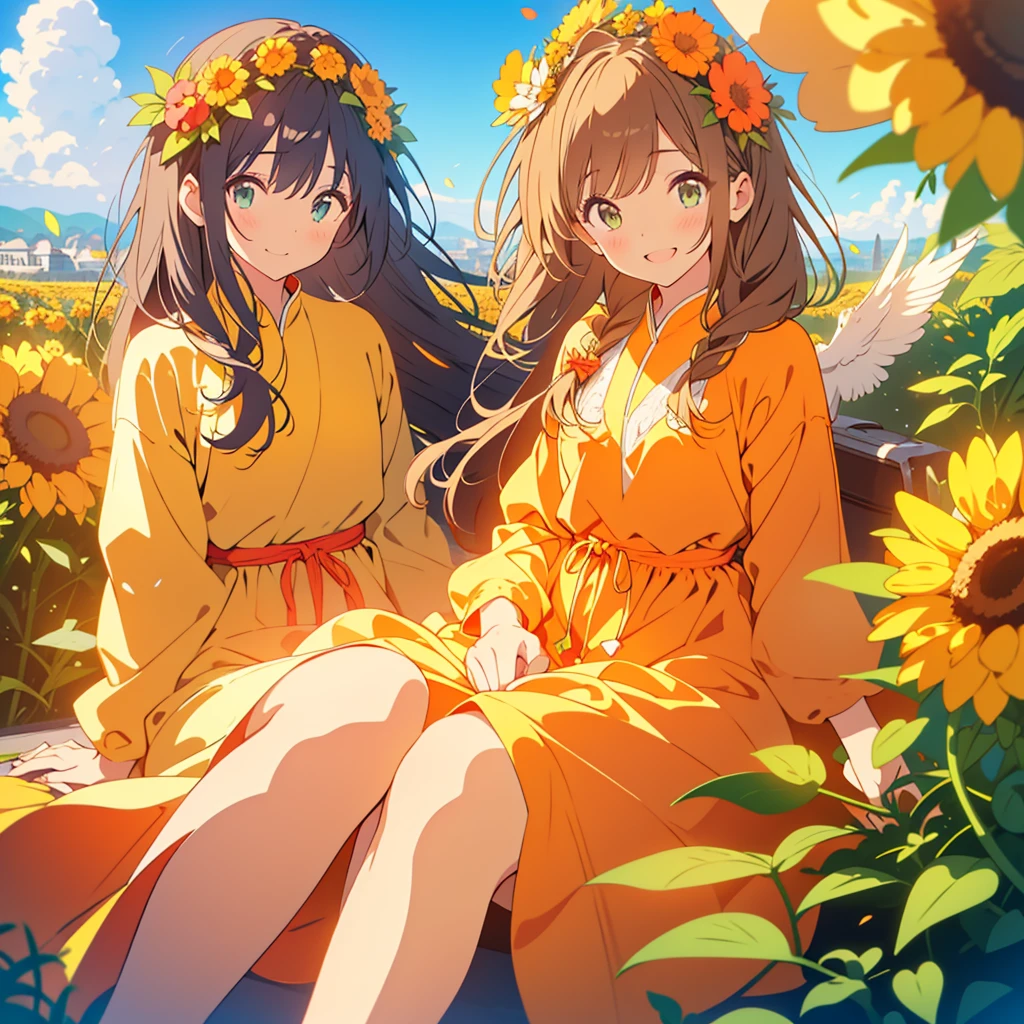 kawaii, anime, Cute, hyper quality, highly detailed, 8k, Front facing, Clarity, dark brown long hair, smile, green eyes, small orange marigold, small marigold flower garden, wear a flower crown, sit on a flowering hill, hill overlooking the town, A rural townscape spreads out below the hill, morning, morning dew, Shining light, particles of light, dazzling smile, Draw facial expressions in detail, Draw the eyes in detail, dress with ribbon, A breeze flows, Marigold petals dance, A large number of balloons fly into the sky, look up at the sky, Inciting angle, Inciting point of view, clear blue sky, the bird flaps its wings, one girl, blue sky, clear sky,