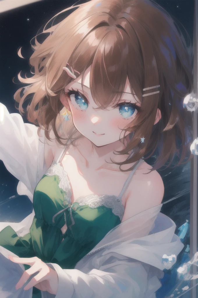 (masterpiece, best quality), hyperdetailed, absurdres, clean lines, one girl,15 years old, blush, medium_hair, (brown_hair:1.3), thin hair clip, blue colorshift eyes, expressive eyes, collarbone, smile, night, stars, green dress,