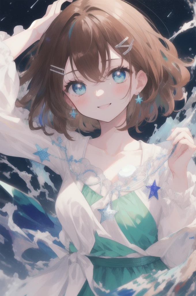 (masterpiece, best quality), hyperdetailed, absurdres, clean lines, one girl,15 years old, blush, medium_hair, (brown_hair:1.3), thin hair clip, blue colorshift eyes, expressive eyes, collarbone, smile, night, stars, green dress,