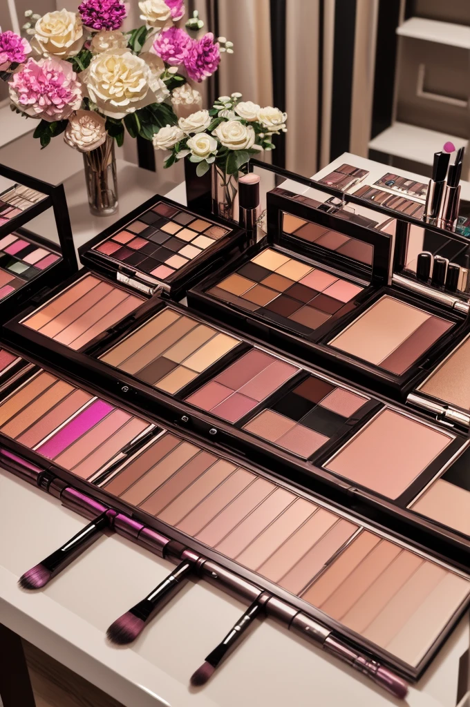 create for me a professional makeup studio, ultra realistic, super detailed with a makeup rest table, a table full of different makeup, and 4k makeup accessories