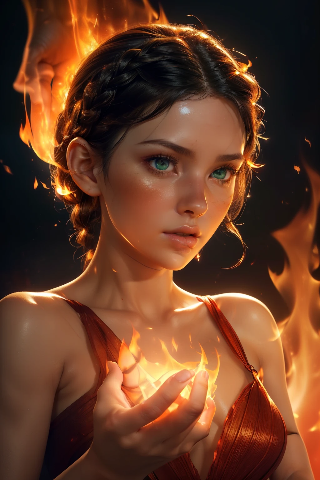 (((the red energy human body, front facing, full body, 1girl, 18 year old, caucasian, green eyes, perfect eyes, perfect iris, perfect pupils, perfect lips,perfect nose, perfect hands, very detailed hands, perfect fingers, black hair, short hair, straight hair, small braid in her hair, nature, subsurface scattering, transparent, translucent skin, glow, bloom,3d style, warm color, vibrant, volumetric light, inside fire, fire and flames all around,)))