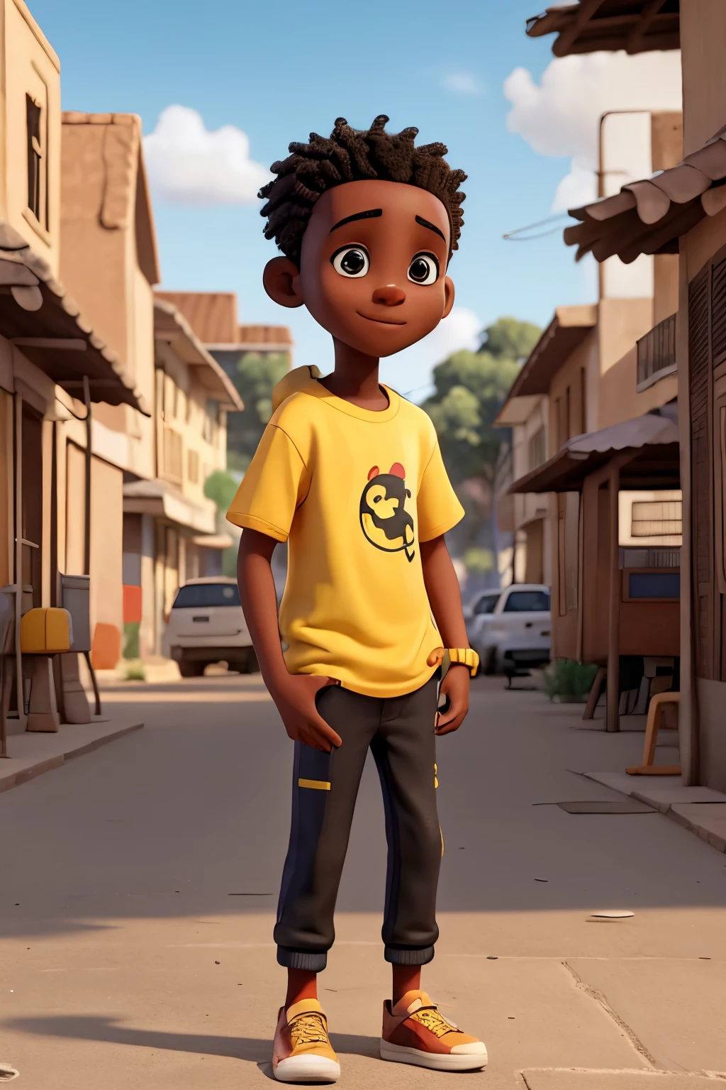 A 12 year old Senegalese boy, with big earphones, wearing a yellow t-shirt with black pants and correct shoes, stands completely on the street. The image is rendered in high-quality Pixar style, with expressionistic and colorful details. The boy holds his headphones with a subtle smile, with an apparently scattered look, while both the background and your outfit shine in the sunlight. He feels immersed in his favorite music, unable to